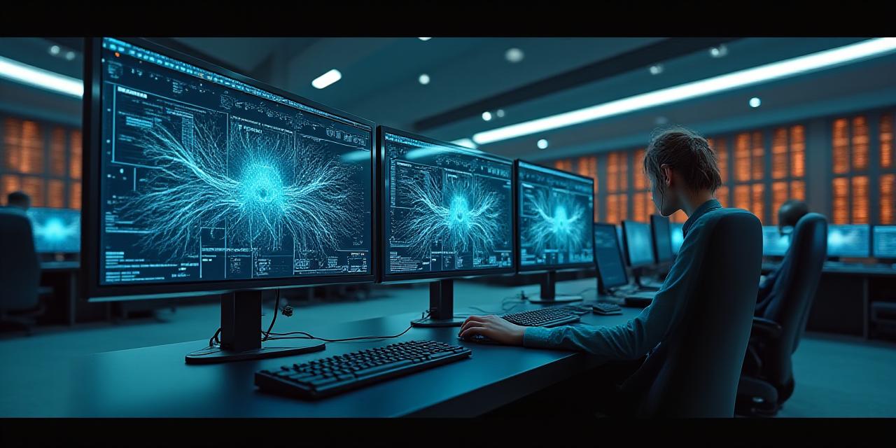 Modern high-tech network operations center with glowing server interfaces