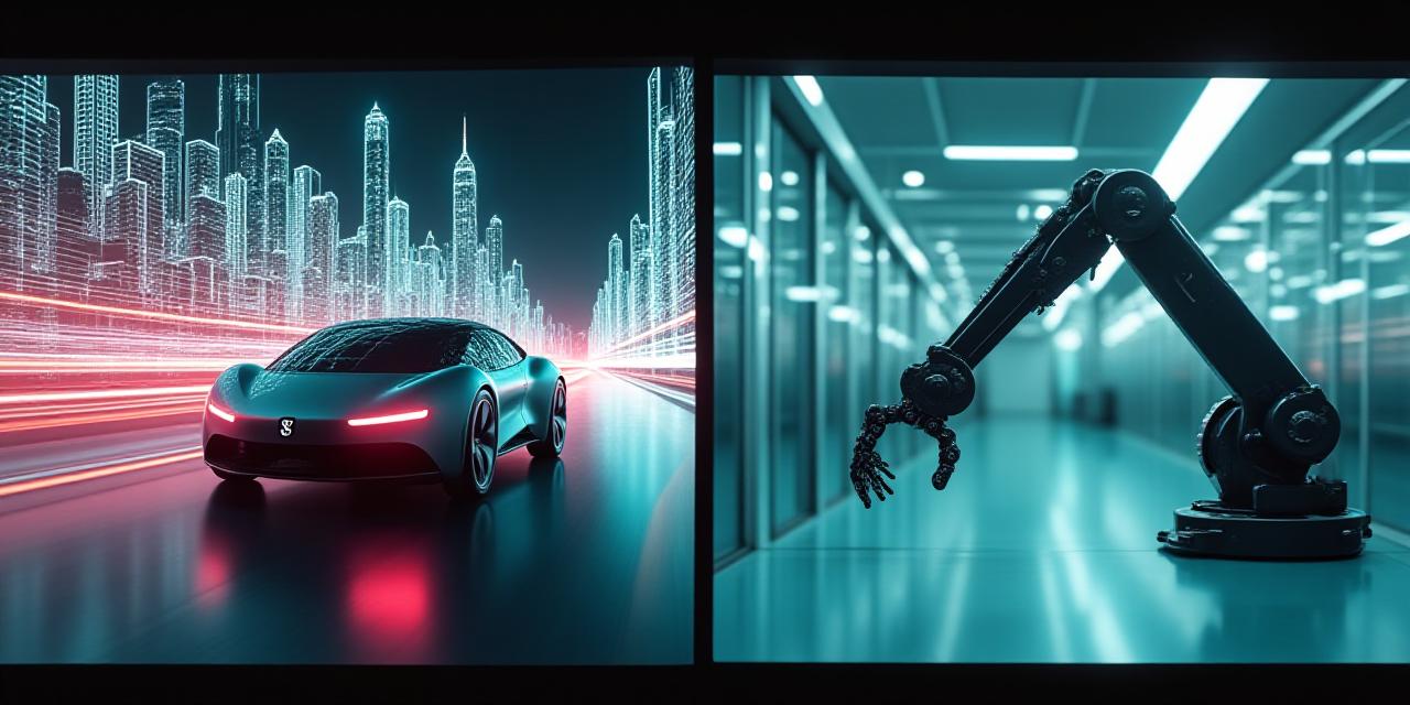 A split visualization showing a high-fidelity synthetic environment for autonomous cars side-by-side with a precision robotic manufacturing arm.