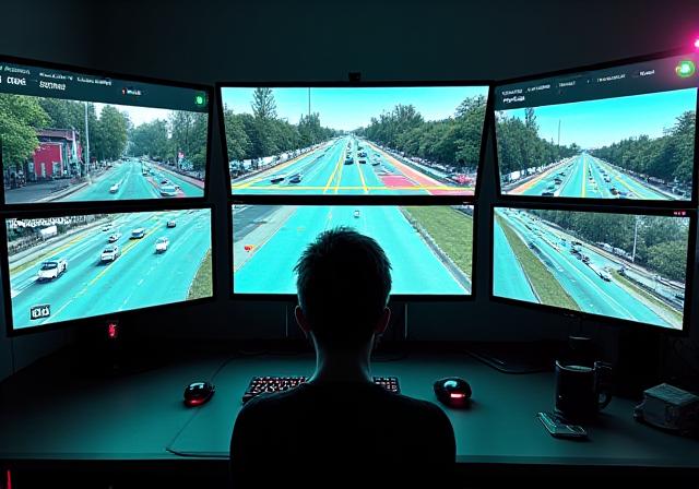 Dynamic dashboard showcasing a photorealistic AV simulation in a dense urban environment.
